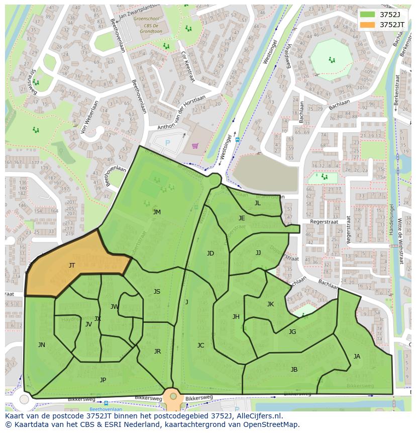 Afbeelding van het postcodegebied 3752 JT op de kaart.