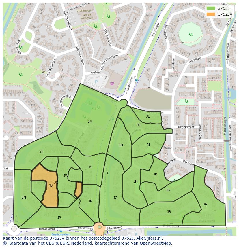 Afbeelding van het postcodegebied 3752 JV op de kaart.