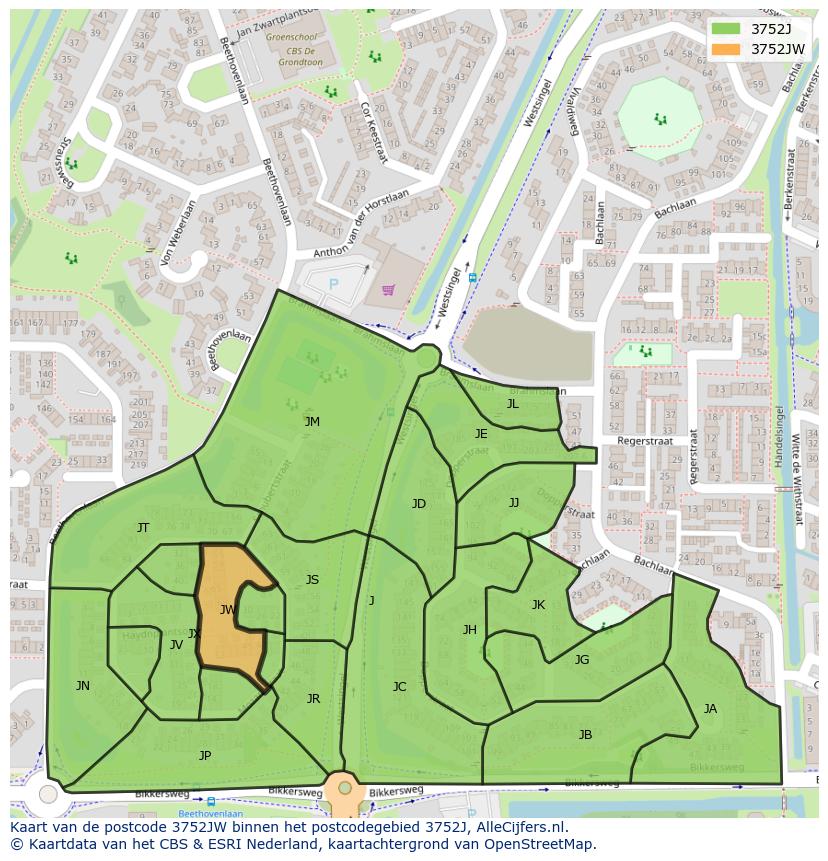 Afbeelding van het postcodegebied 3752 JW op de kaart.