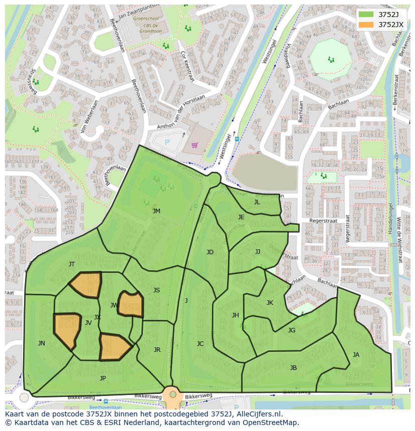 Afbeelding van het postcodegebied 3752 JX op de kaart.