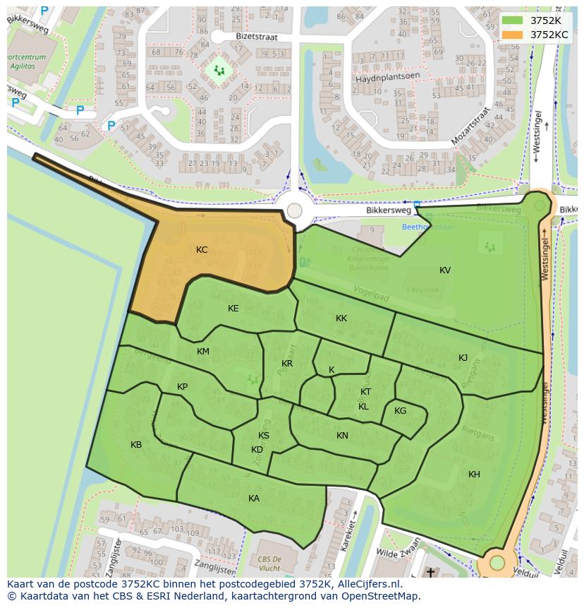 Afbeelding van het postcodegebied 3752 KC op de kaart.