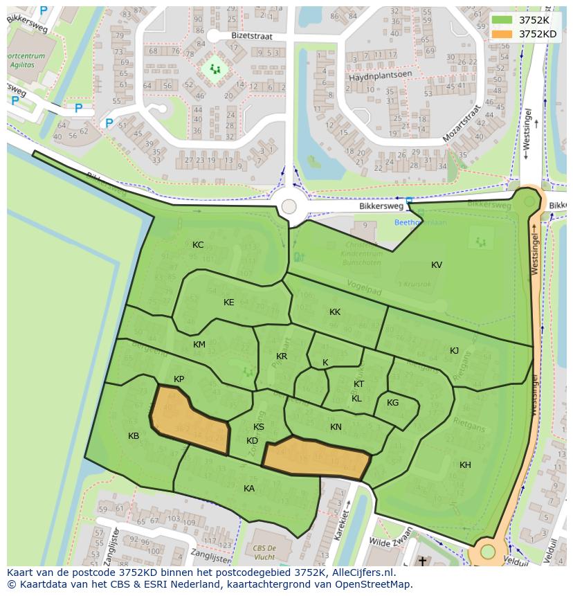 Afbeelding van het postcodegebied 3752 KD op de kaart.