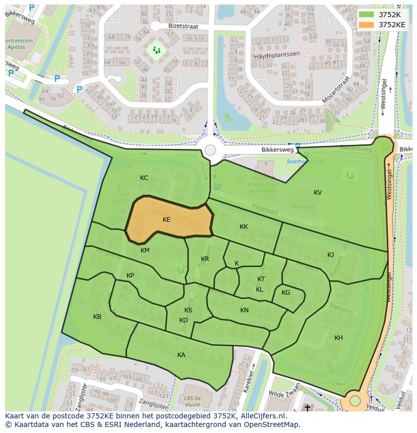 Afbeelding van het postcodegebied 3752 KE op de kaart.