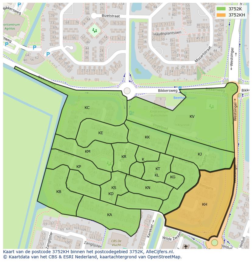 Afbeelding van het postcodegebied 3752 KH op de kaart.