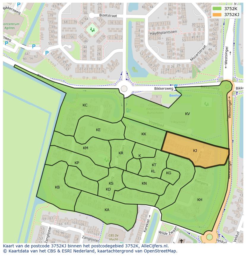 Afbeelding van het postcodegebied 3752 KJ op de kaart.