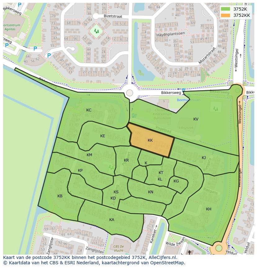 Afbeelding van het postcodegebied 3752 KK op de kaart.
