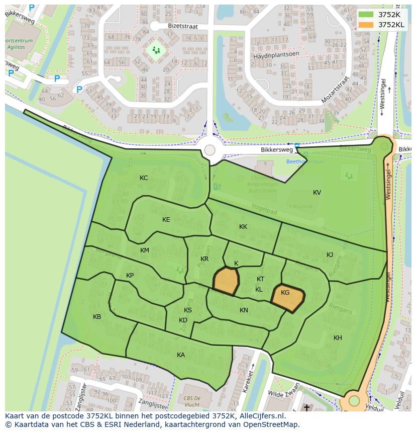 Afbeelding van het postcodegebied 3752 KL op de kaart.