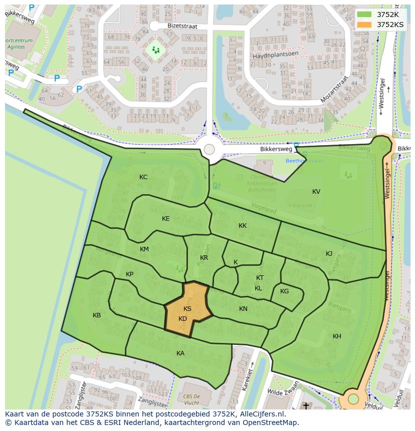 Afbeelding van het postcodegebied 3752 KS op de kaart.