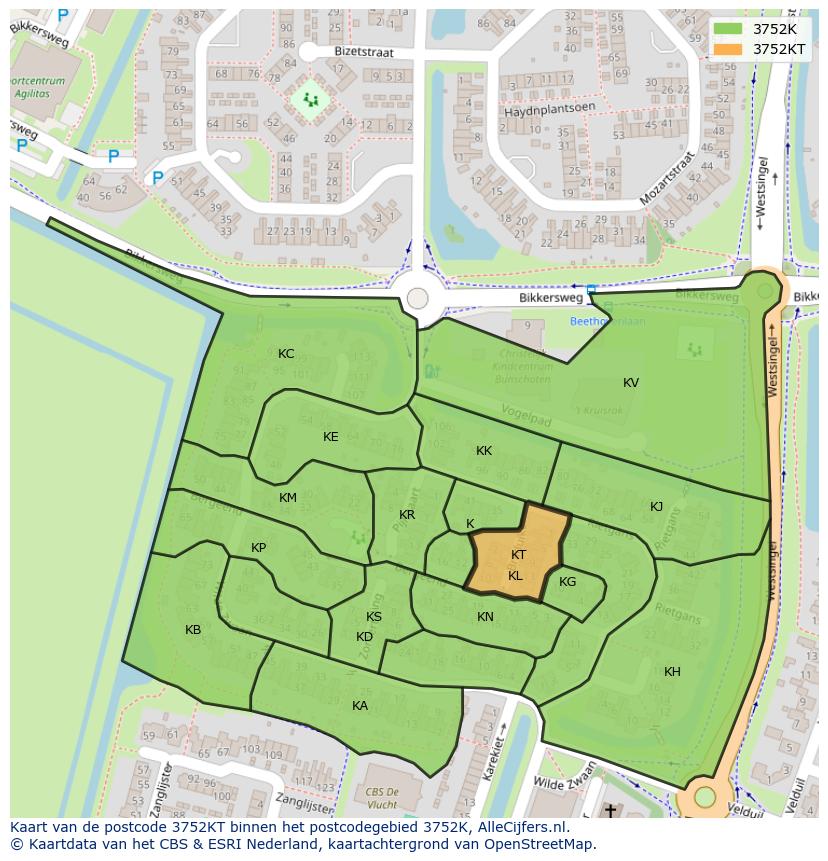 Afbeelding van het postcodegebied 3752 KT op de kaart.