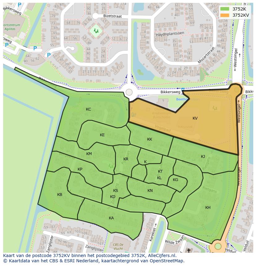 Afbeelding van het postcodegebied 3752 KV op de kaart.