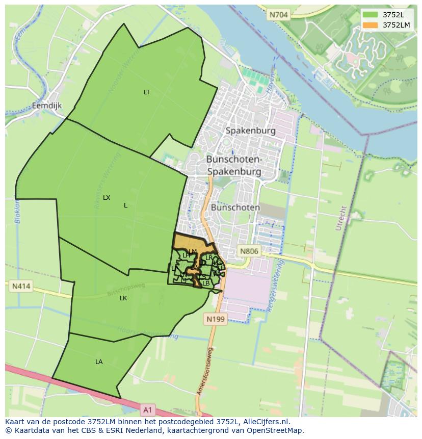 Afbeelding van het postcodegebied 3752 LM op de kaart.