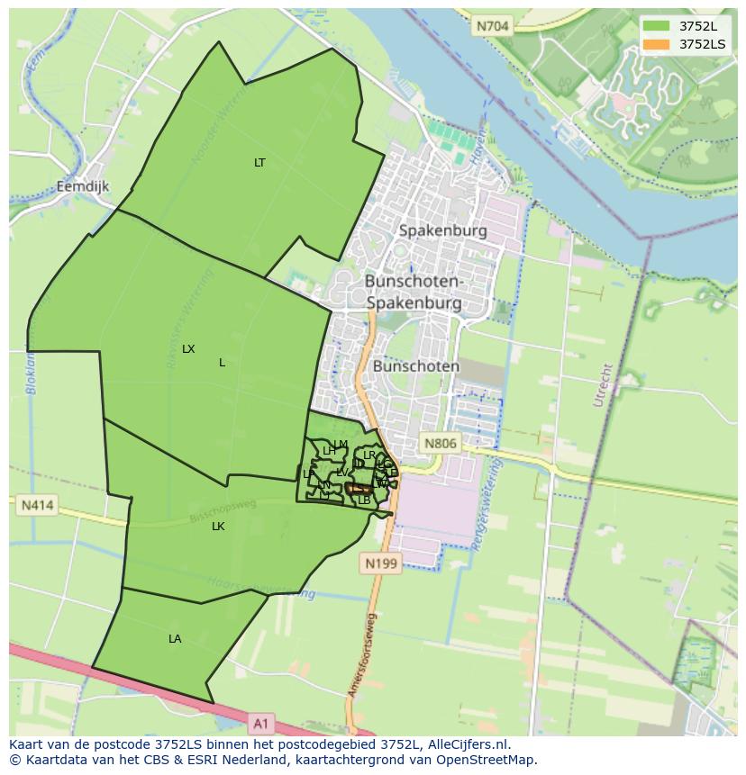 Afbeelding van het postcodegebied 3752 LS op de kaart.
