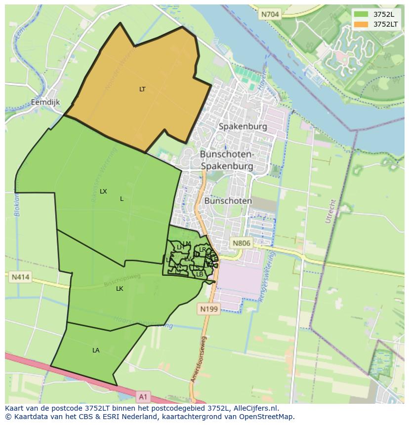 Afbeelding van het postcodegebied 3752 LT op de kaart.