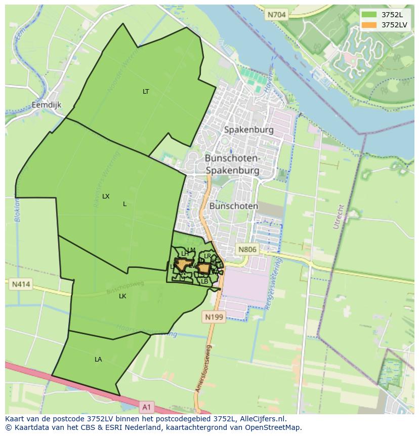 Afbeelding van het postcodegebied 3752 LV op de kaart.