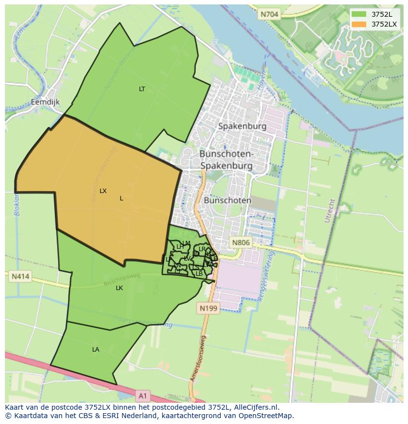 Afbeelding van het postcodegebied 3752 LX op de kaart.