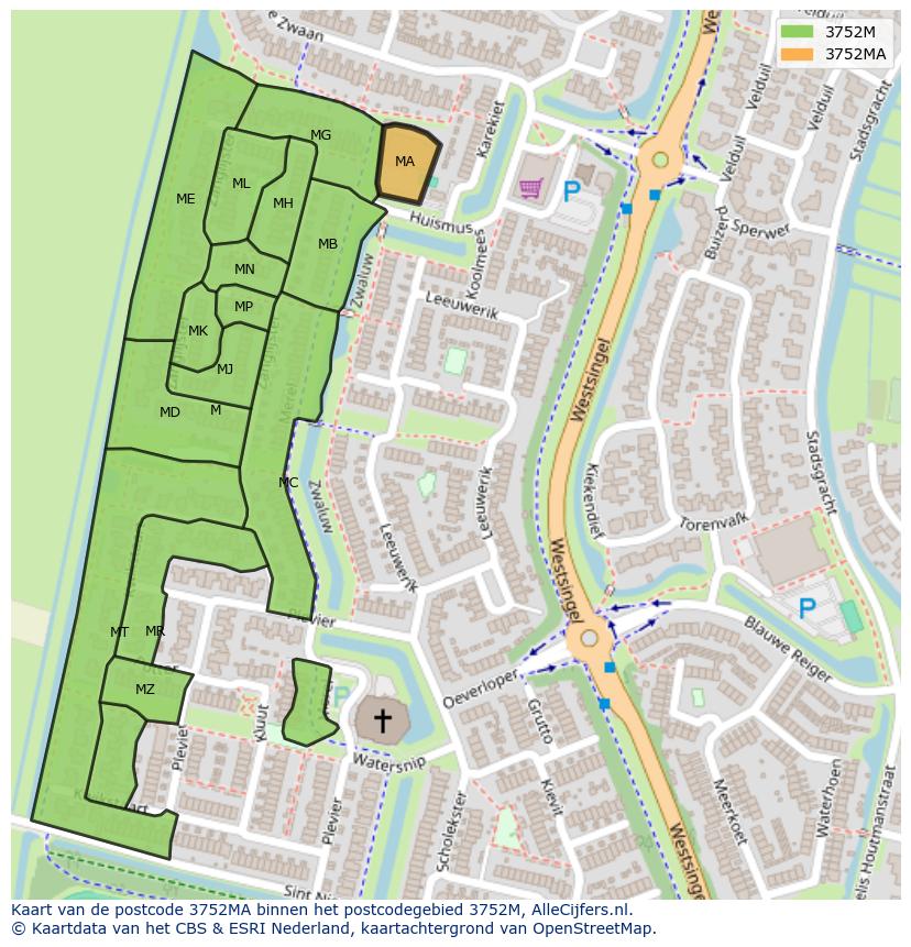 Afbeelding van het postcodegebied 3752 MA op de kaart.
