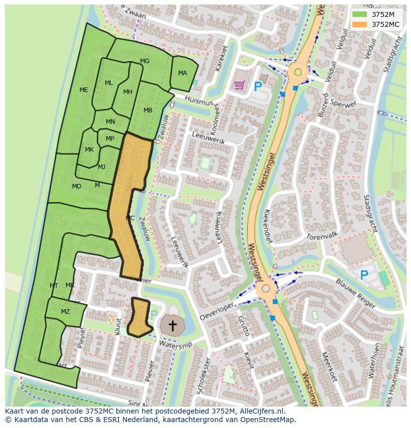 Afbeelding van het postcodegebied 3752 MC op de kaart.