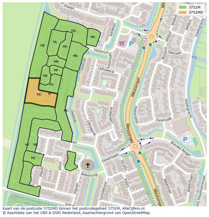 Afbeelding van het postcodegebied 3752 MD op de kaart.