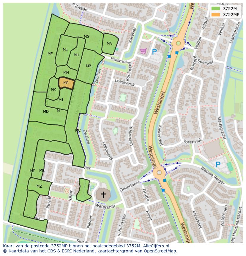 Afbeelding van het postcodegebied 3752 MP op de kaart.