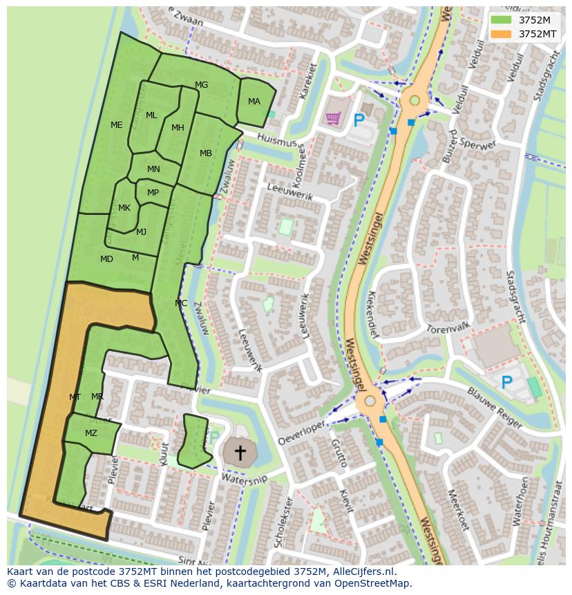 Afbeelding van het postcodegebied 3752 MT op de kaart.