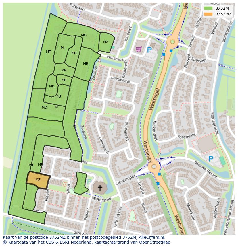 Afbeelding van het postcodegebied 3752 MZ op de kaart.