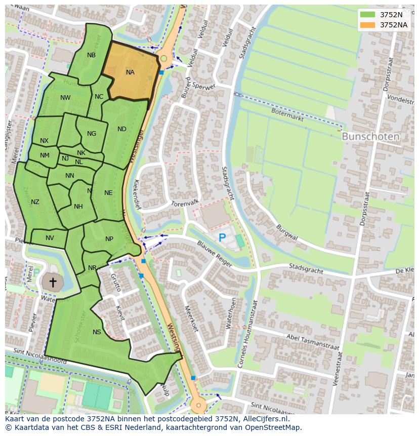 Afbeelding van het postcodegebied 3752 NA op de kaart.