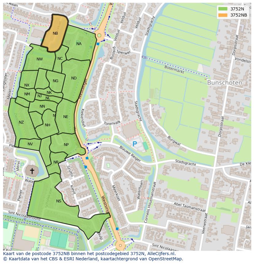 Afbeelding van het postcodegebied 3752 NB op de kaart.