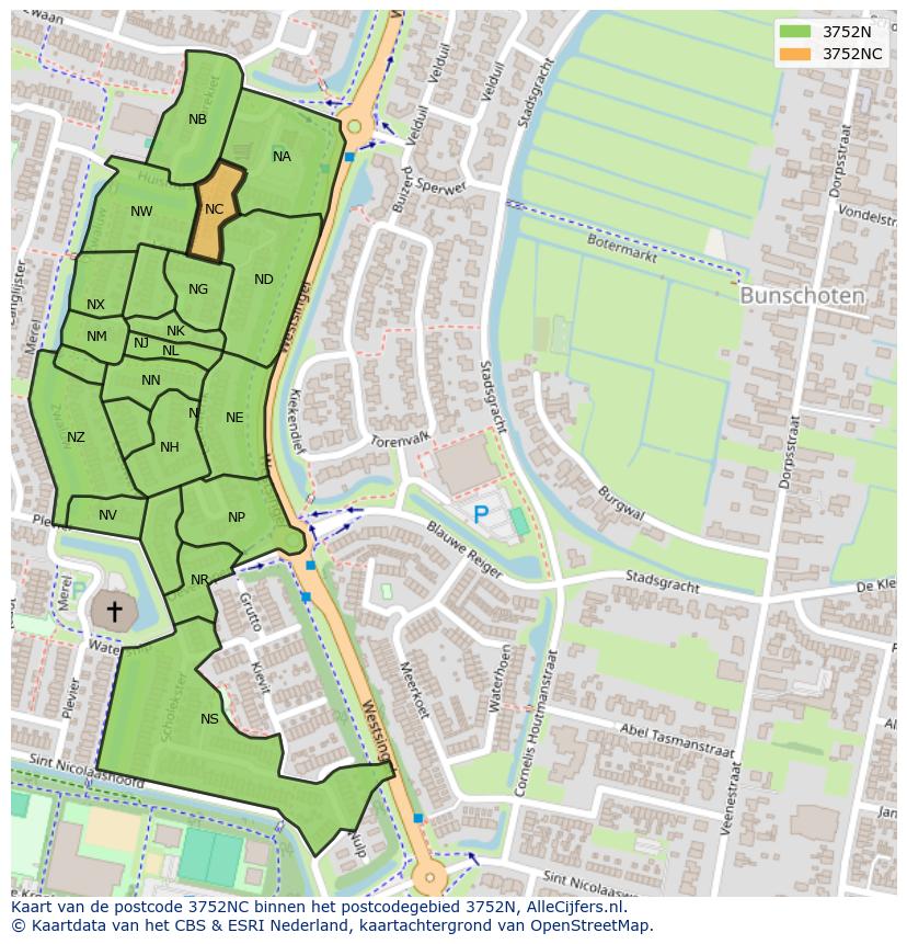 Afbeelding van het postcodegebied 3752 NC op de kaart.