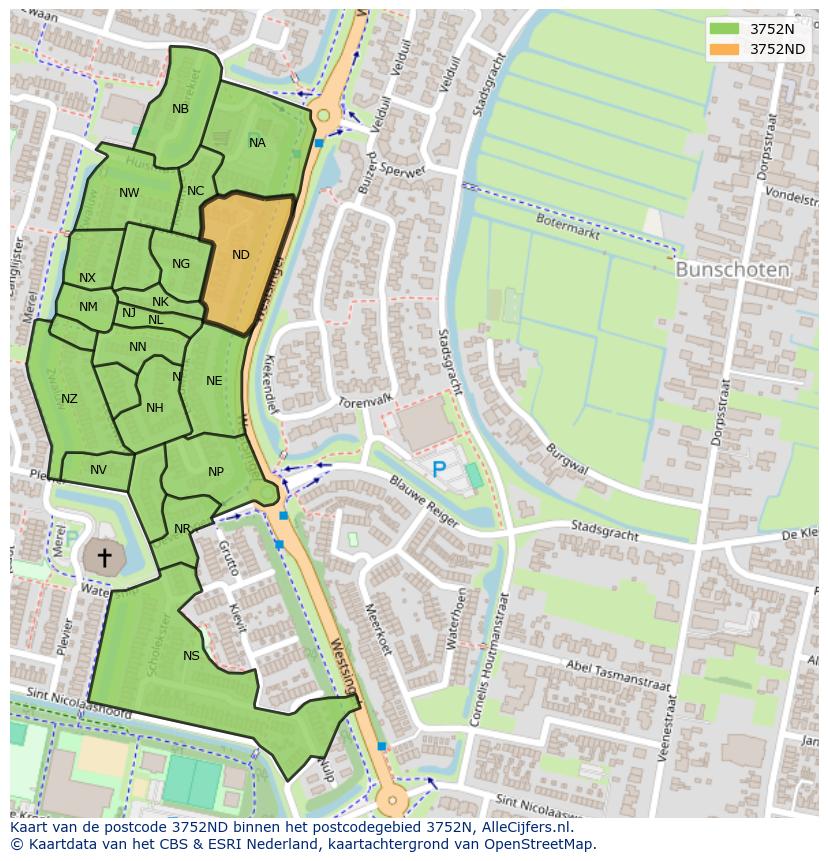 Afbeelding van het postcodegebied 3752 ND op de kaart.