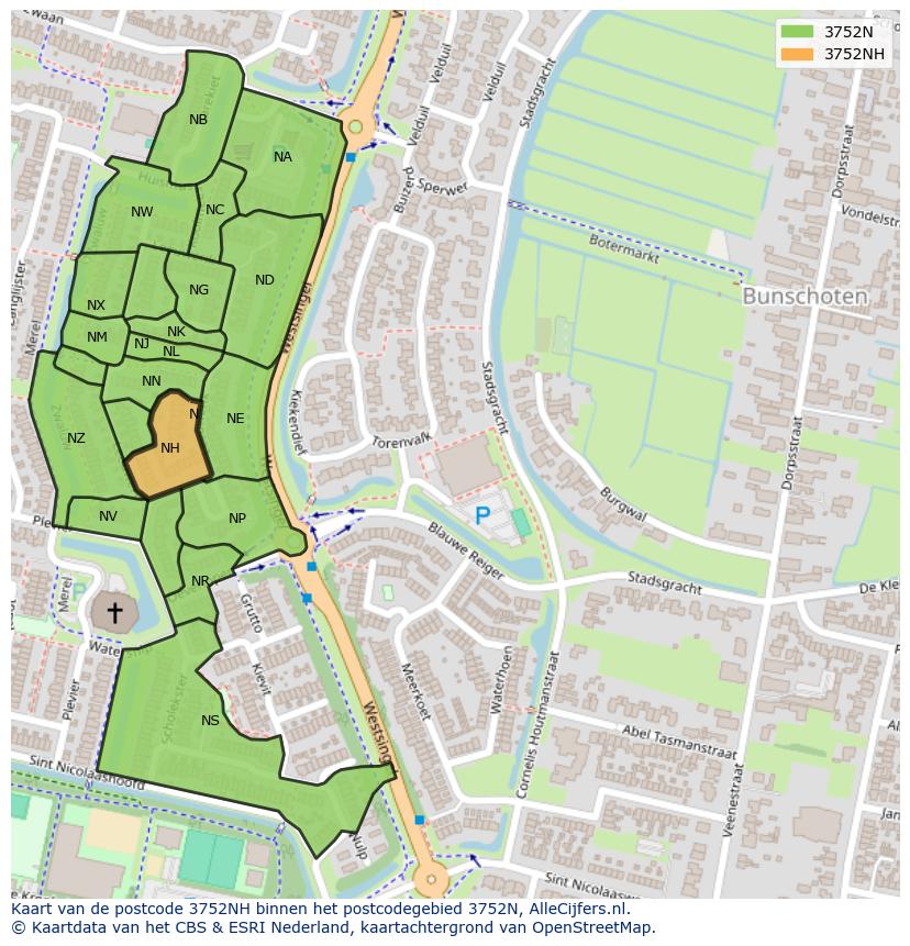 Afbeelding van het postcodegebied 3752 NH op de kaart.