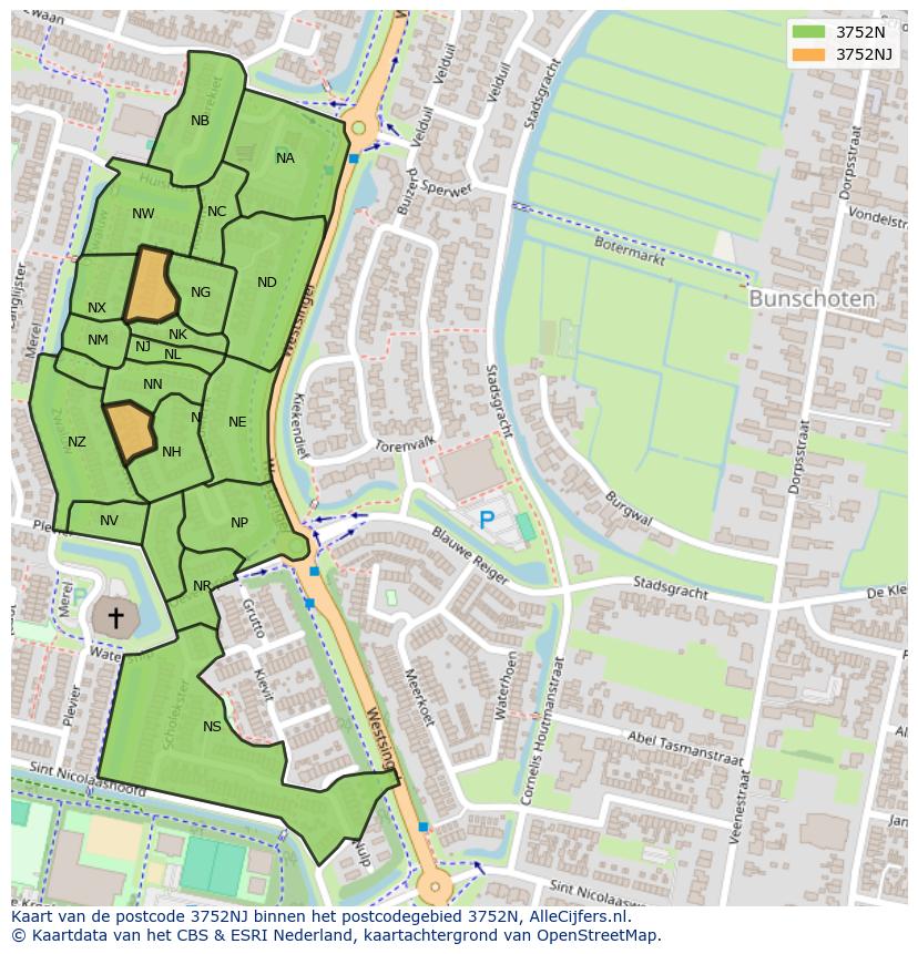 Afbeelding van het postcodegebied 3752 NJ op de kaart.