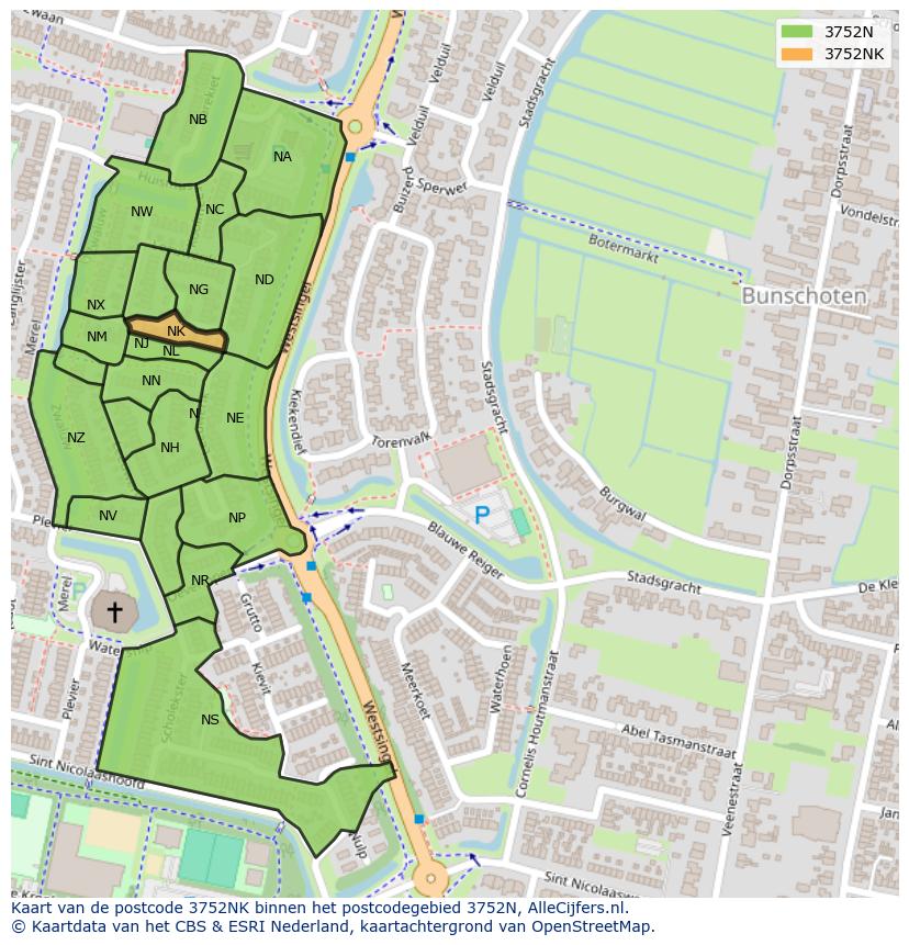 Afbeelding van het postcodegebied 3752 NK op de kaart.