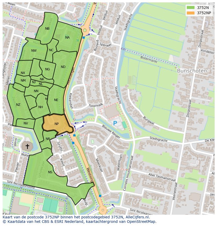 Afbeelding van het postcodegebied 3752 NP op de kaart.