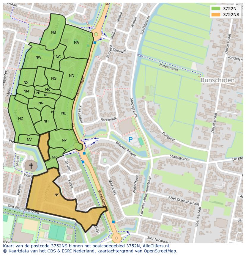 Afbeelding van het postcodegebied 3752 NS op de kaart.