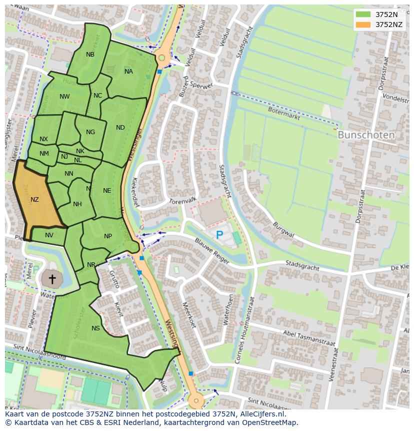 Afbeelding van het postcodegebied 3752 NZ op de kaart.