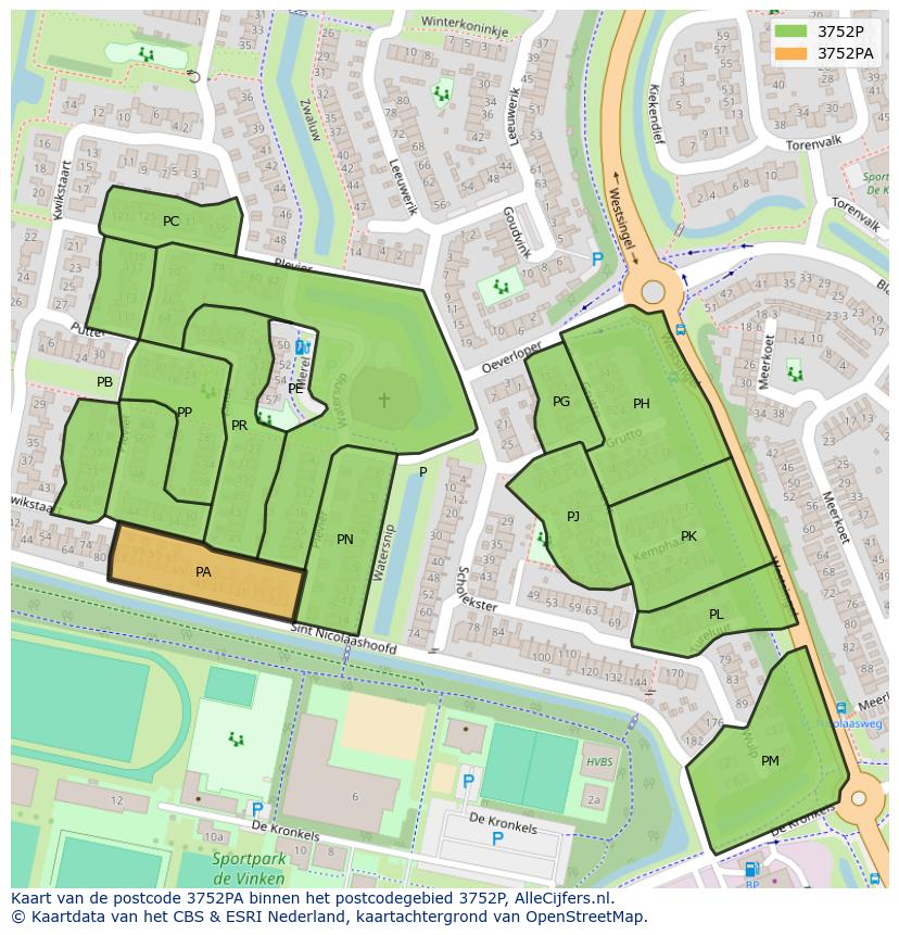 Afbeelding van het postcodegebied 3752 PA op de kaart.