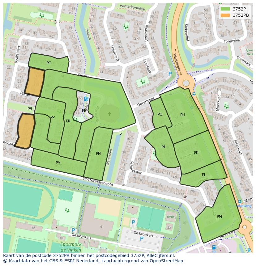 Afbeelding van het postcodegebied 3752 PB op de kaart.