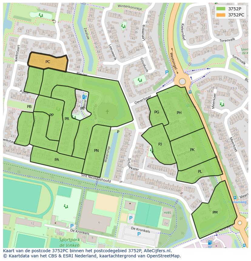 Afbeelding van het postcodegebied 3752 PC op de kaart.