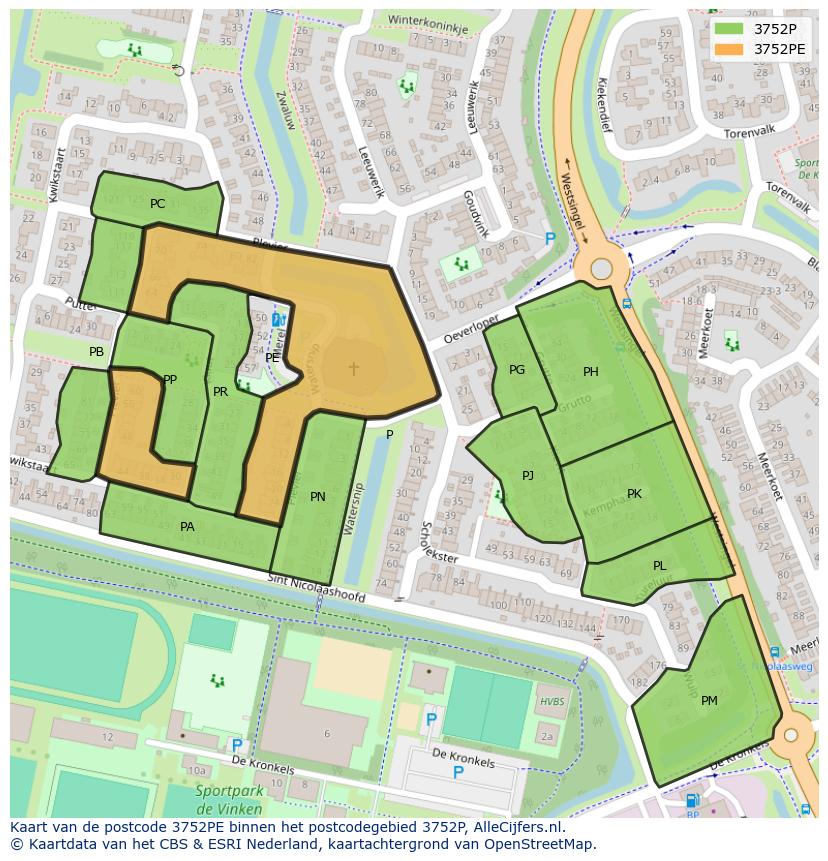 Afbeelding van het postcodegebied 3752 PE op de kaart.