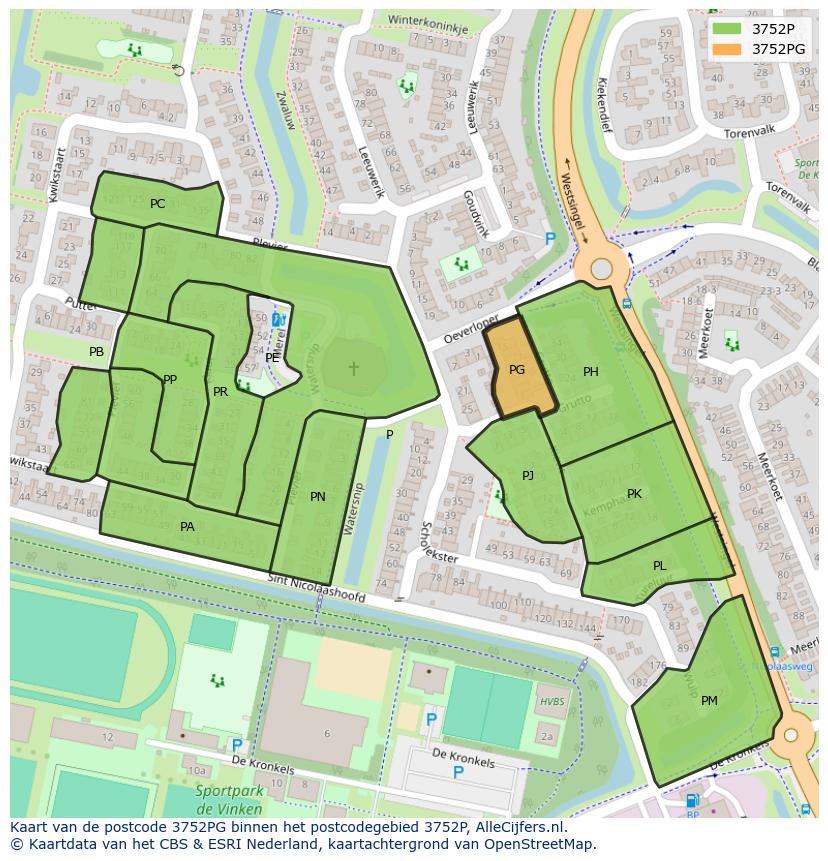 Afbeelding van het postcodegebied 3752 PG op de kaart.