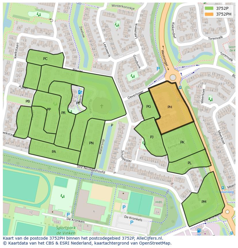 Afbeelding van het postcodegebied 3752 PH op de kaart.