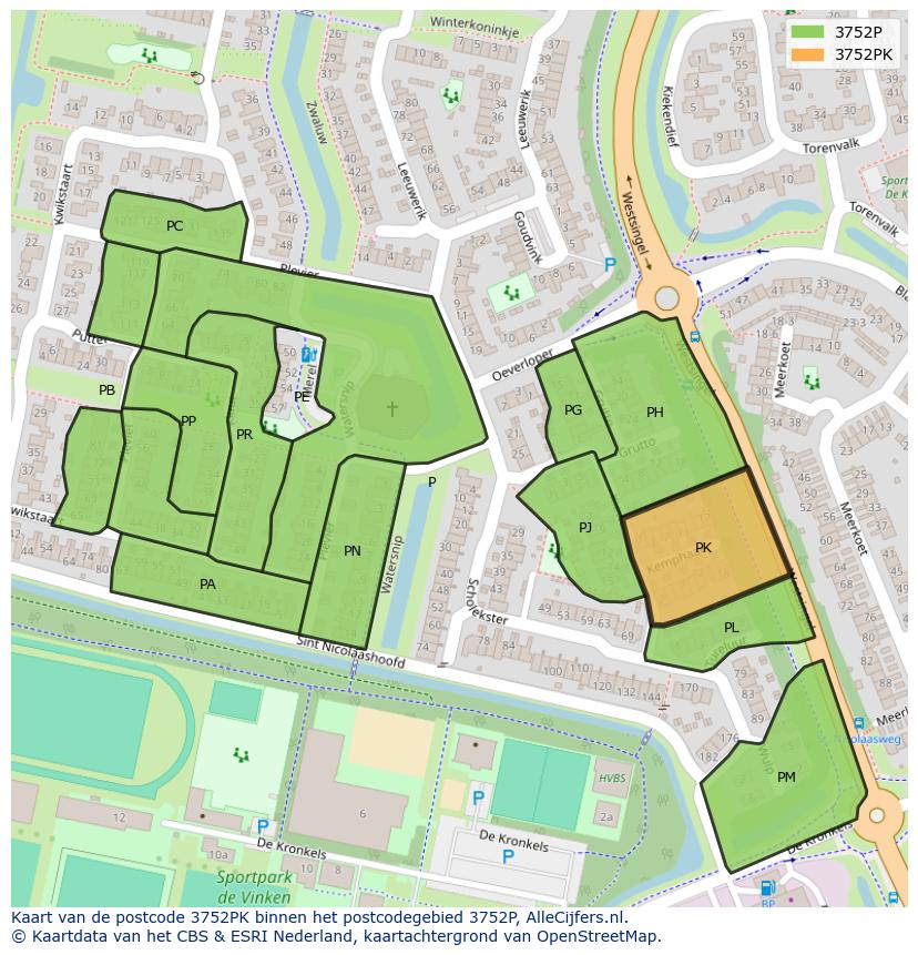 Afbeelding van het postcodegebied 3752 PK op de kaart.