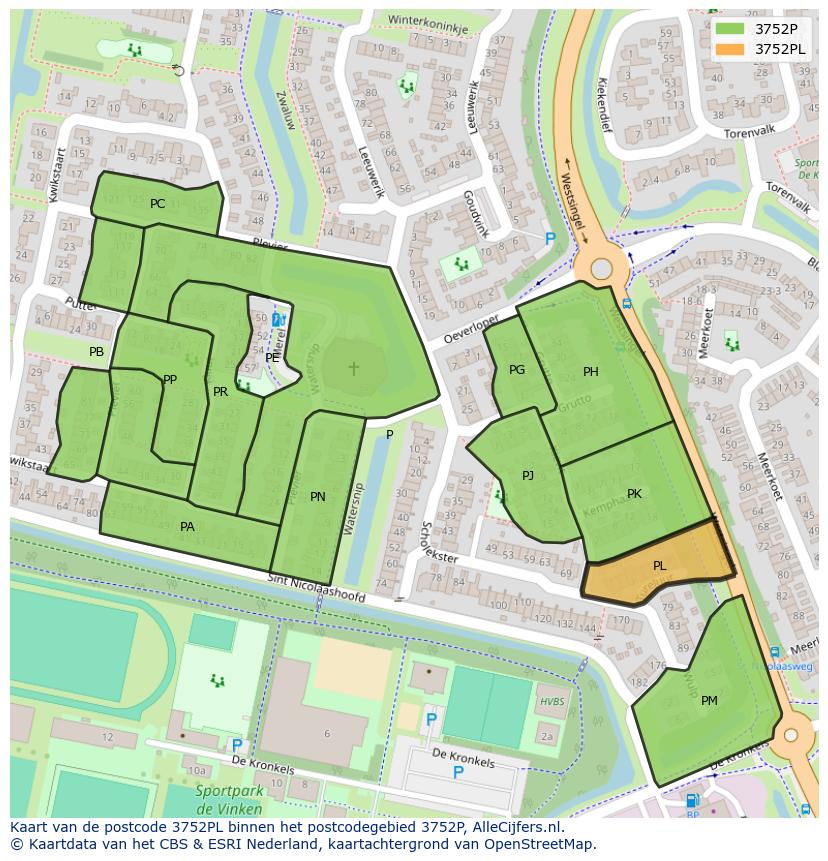 Afbeelding van het postcodegebied 3752 PL op de kaart.
