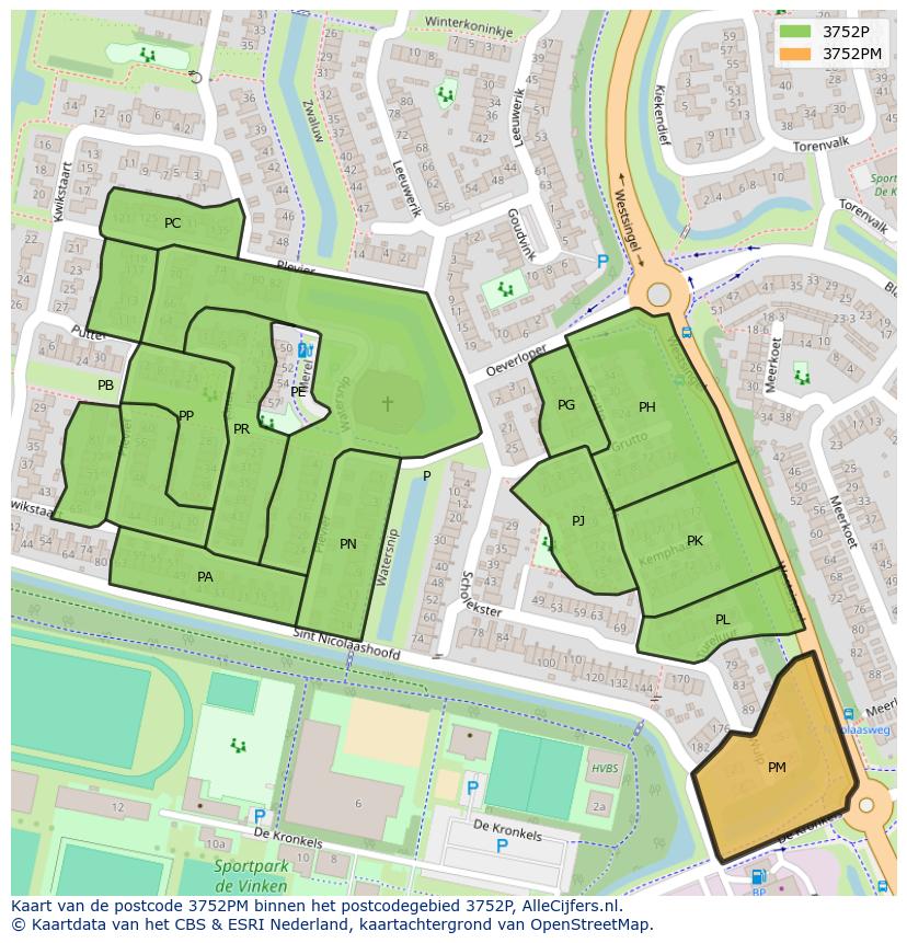 Afbeelding van het postcodegebied 3752 PM op de kaart.