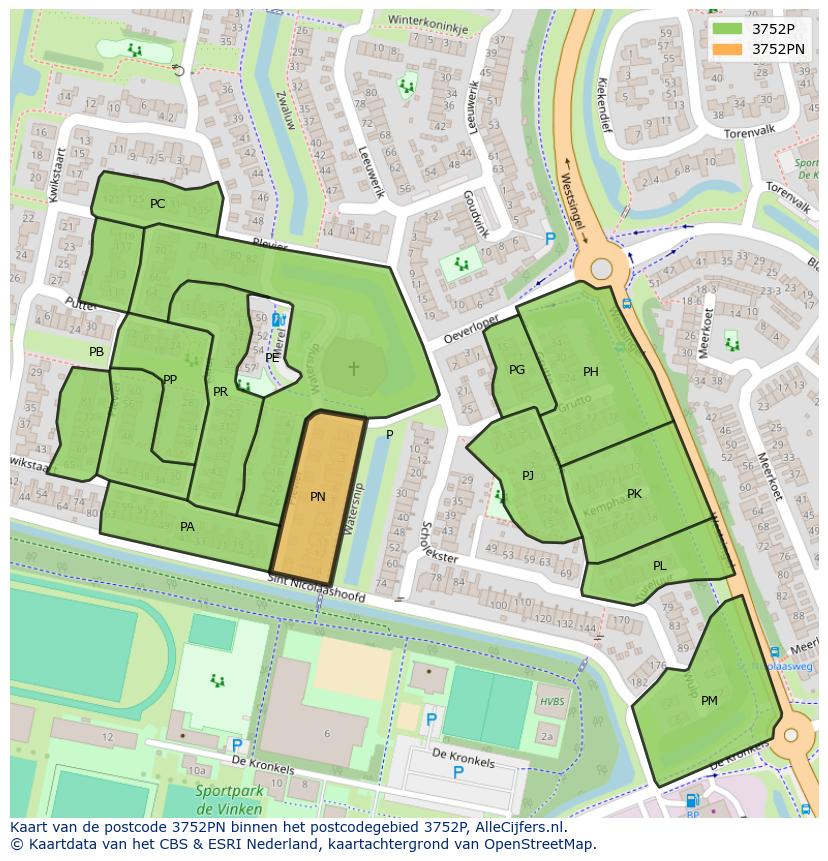 Afbeelding van het postcodegebied 3752 PN op de kaart.