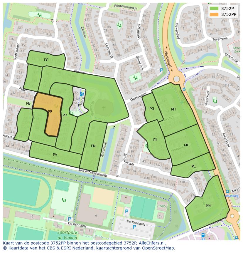 Afbeelding van het postcodegebied 3752 PP op de kaart.