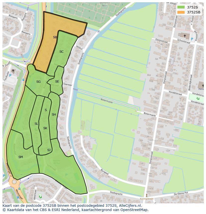 Afbeelding van het postcodegebied 3752 SB op de kaart.