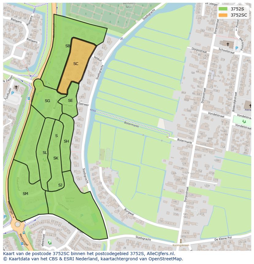 Afbeelding van het postcodegebied 3752 SC op de kaart.