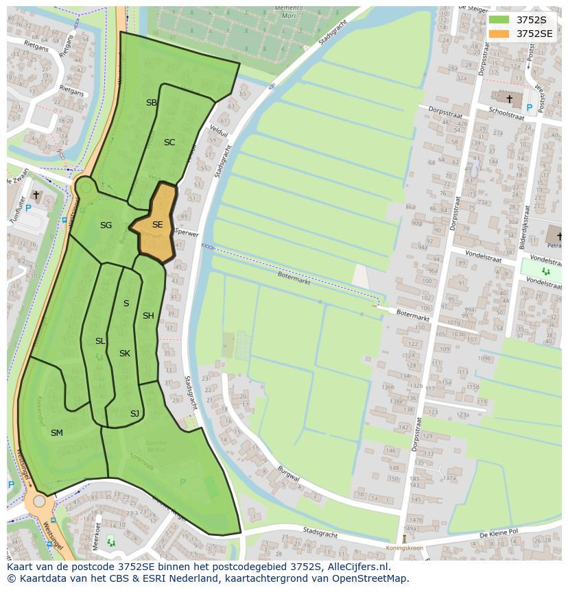 Afbeelding van het postcodegebied 3752 SE op de kaart.
