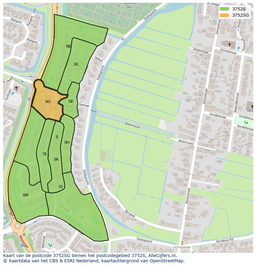 Afbeelding van het postcodegebied 3752 SG op de kaart.